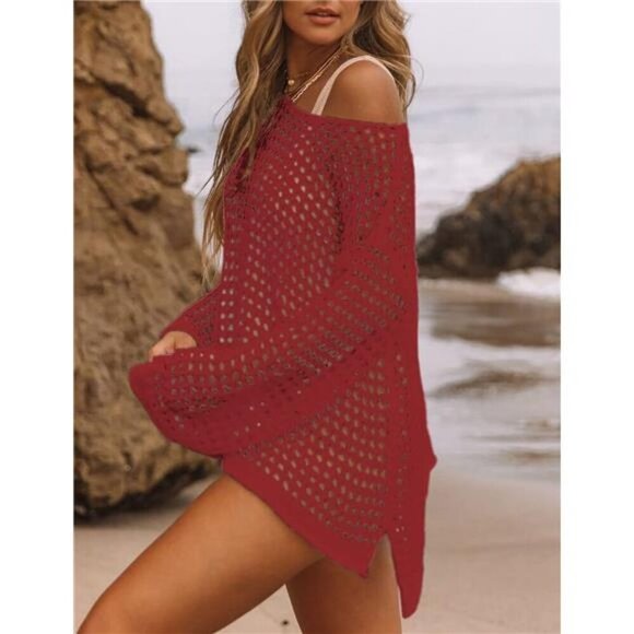 Crochet Cover Ups Sexy Hollow Out Red - Picture 3 of 4